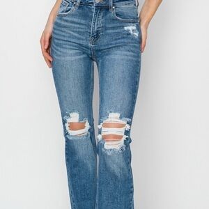 NWT RISEN High Rise Dark Rinse Straight Leg Distressed Jeans Size 7